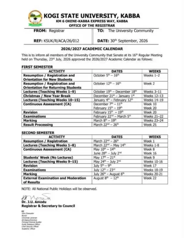 Kogi State University Kabba Releases Academic Calendar, 2026/2027