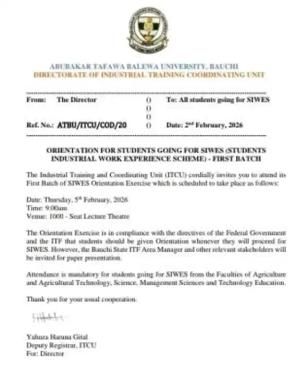 ATBU announces orientation exercise for SIWES students