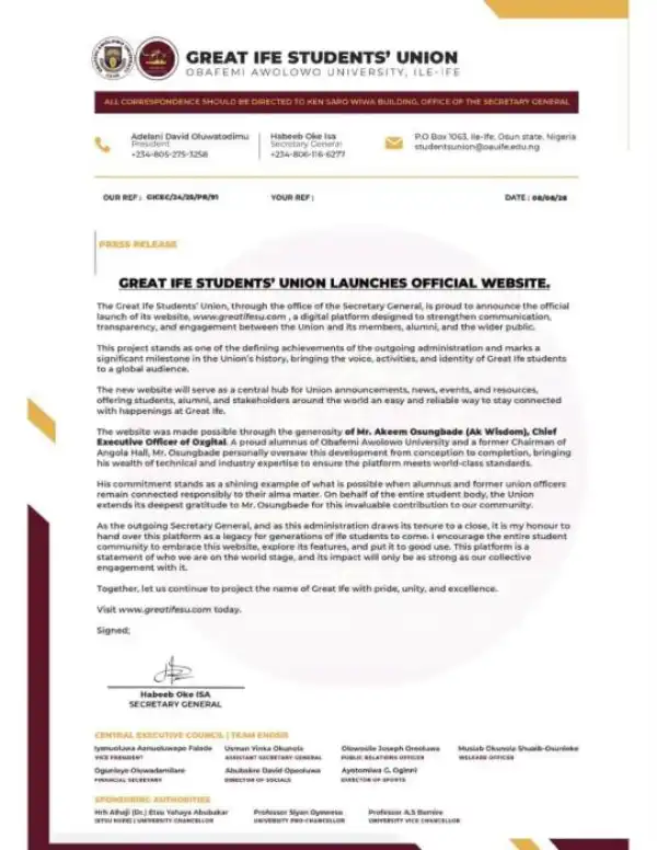 OAU SUG launches official website