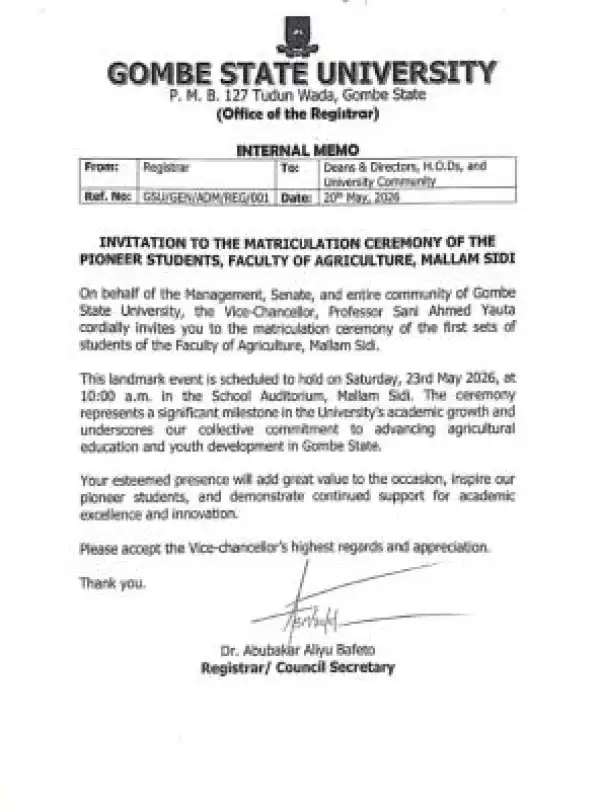GSU schedules Matriculation Ceremony for Pioneer Students of Faculty of Agriculture