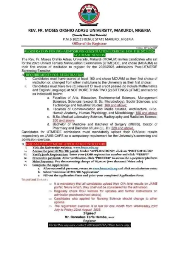 BSU Post-UTME/DE 2025: Cut-off mark, Eligibility and Registration Details