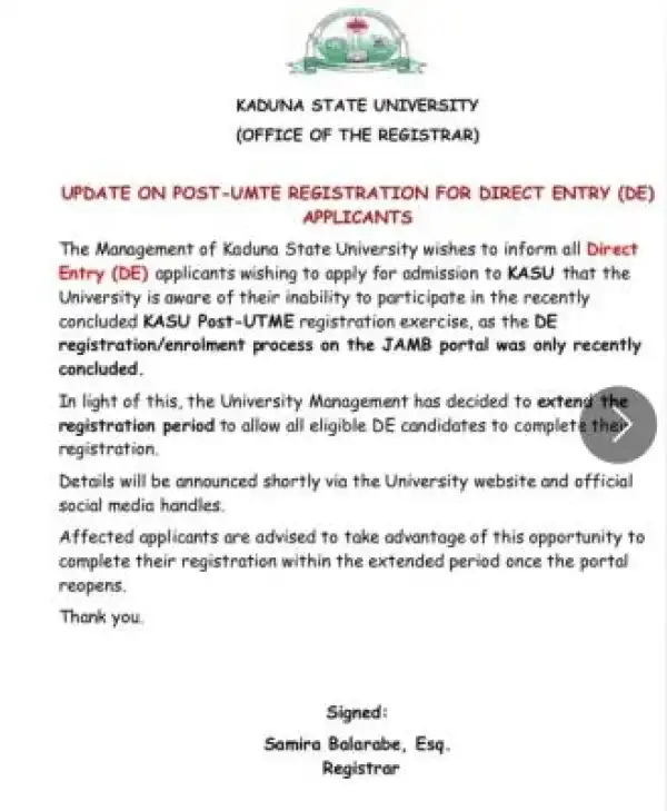KASU registration update for Direct Entry candidates, 2025/2026