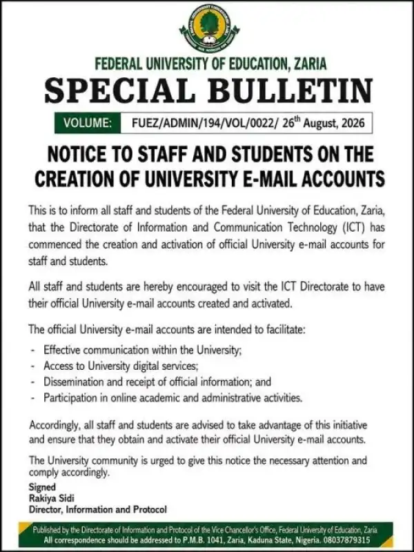 FUE Zaria notice to staff and students on creation of University e-mail accounts