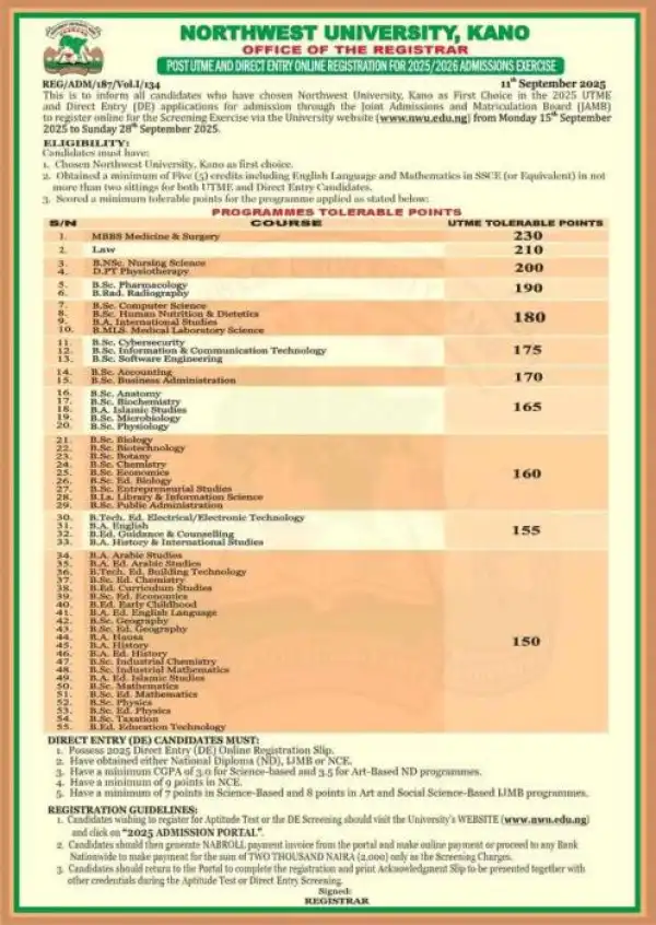 Northwest University Kano Post-UTME/DE 2025: Cut-off mark, Eligibility and Registration Details