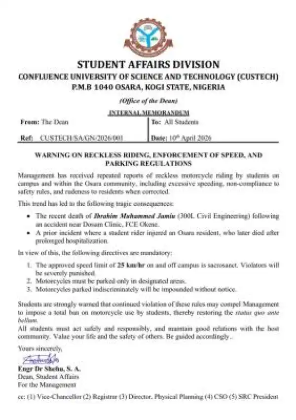 CUSTECH warns against reckless riding, enforces speed and parking regulations on campus