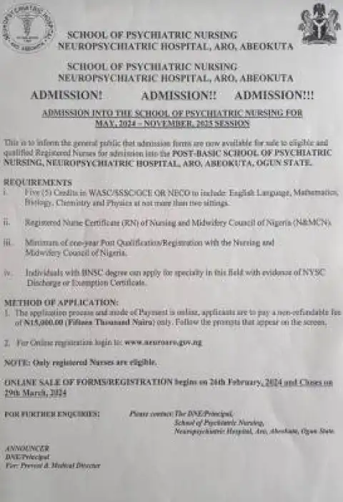 School of Psychiatric Nursing, Abeokuta releases Nursing admission form - 2024
