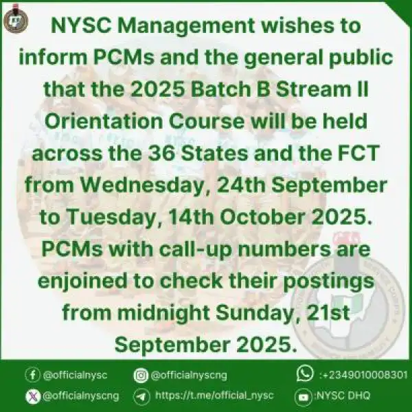 NYSC notice on 2025 Batch B Stream II Orientation Course