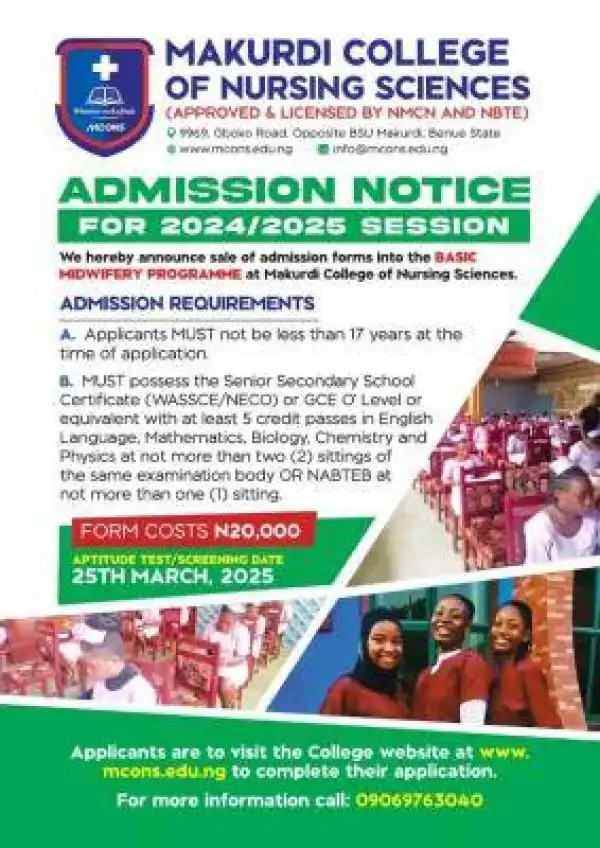 Makurdi College of Nursing Sciences releases Basic Midwifery admission form, 2024/2025