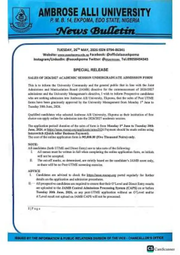 AAU Post-UTME/DE 2026: Cut off mark, Eligibility and Registration Procedures