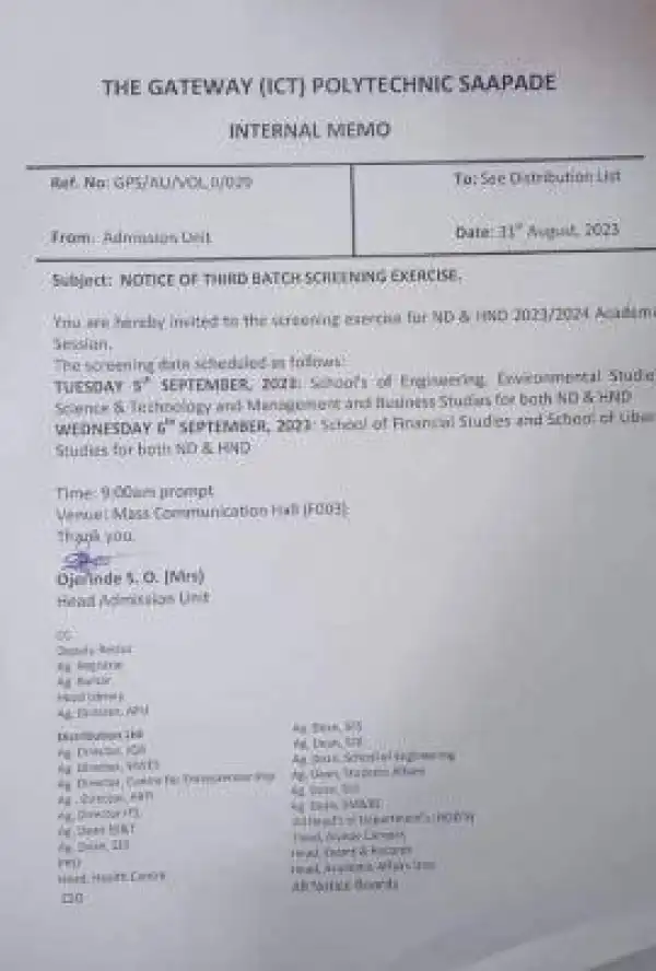 Gateway Polytechnic 3rd batch screening exercise, 2023/2024