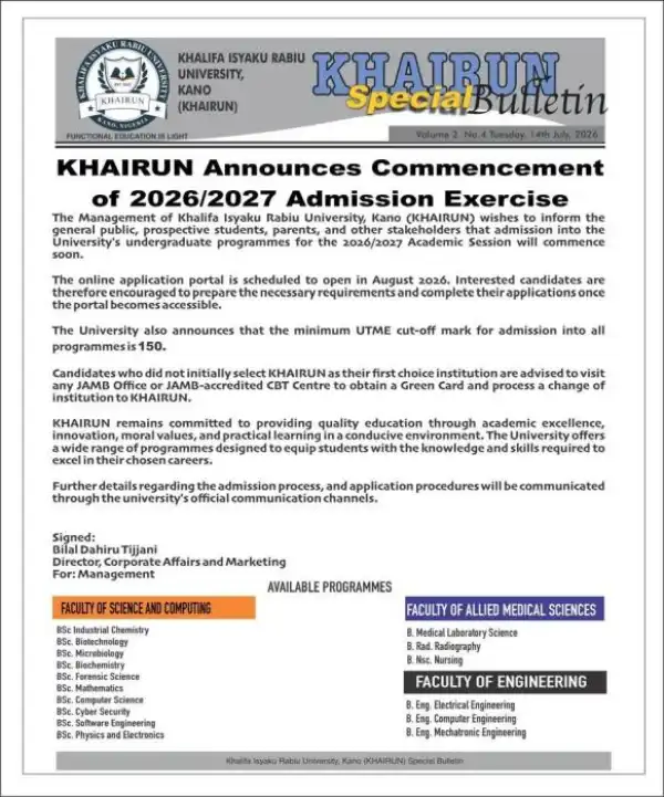 Khalifa Isyaku Rabiu University admission update, 2026/2027