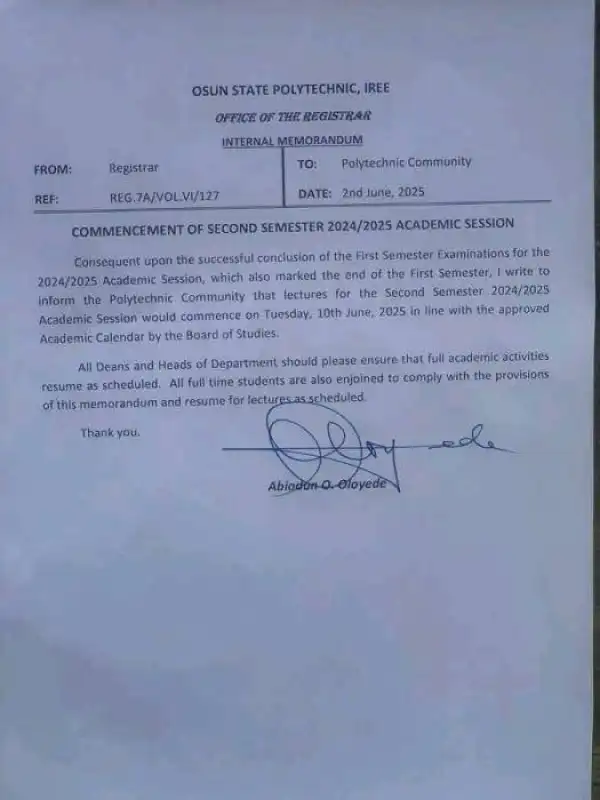 OSPOLY notice on resumption for 2nd semester, 2024/2025