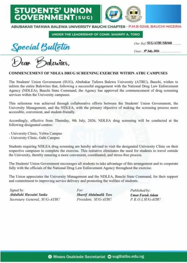 ATBU notice on commencement of NDLEA drug screening exercise