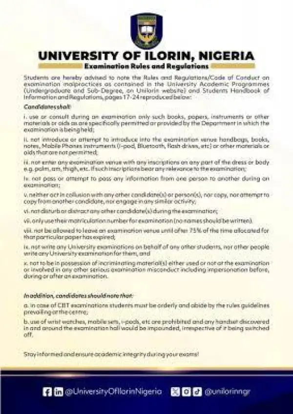 UNILORIN notice on codes and conducts ahead of rain semester exams