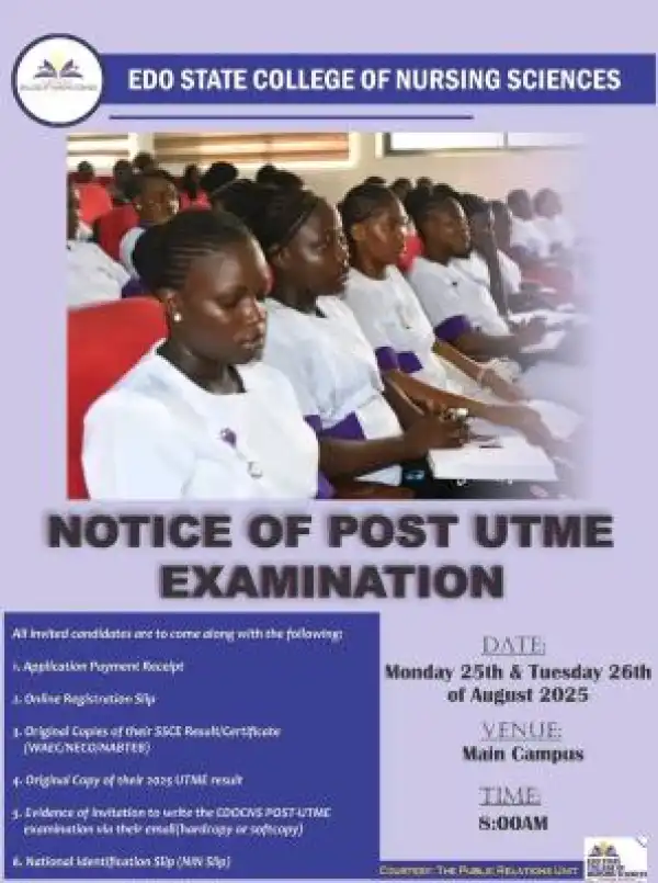 Edo College of Nursing Sciences notice of Post UTME examination, 2025/2026