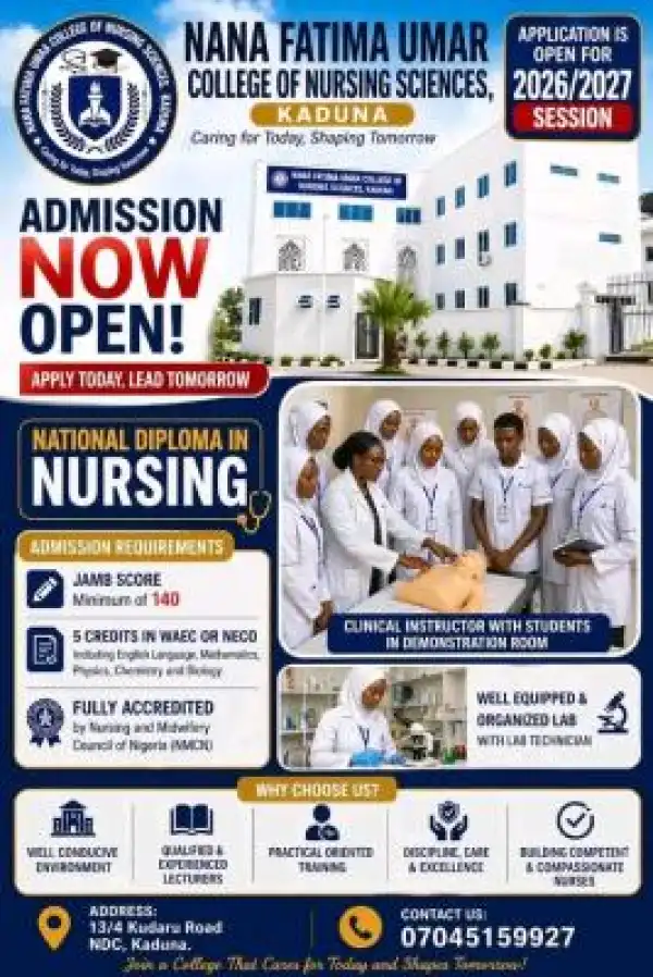 Nana Fatima Umar College of Nursing Sciences, Kaduna announces admission, 2026/2027