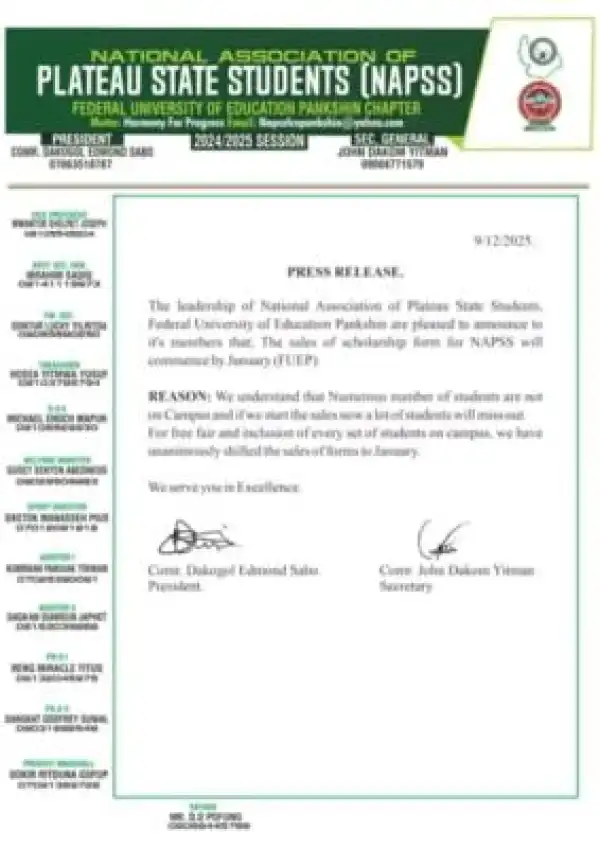 Federal University of Edu., Pankshin NAPSS announces new date for sales of scholarship form