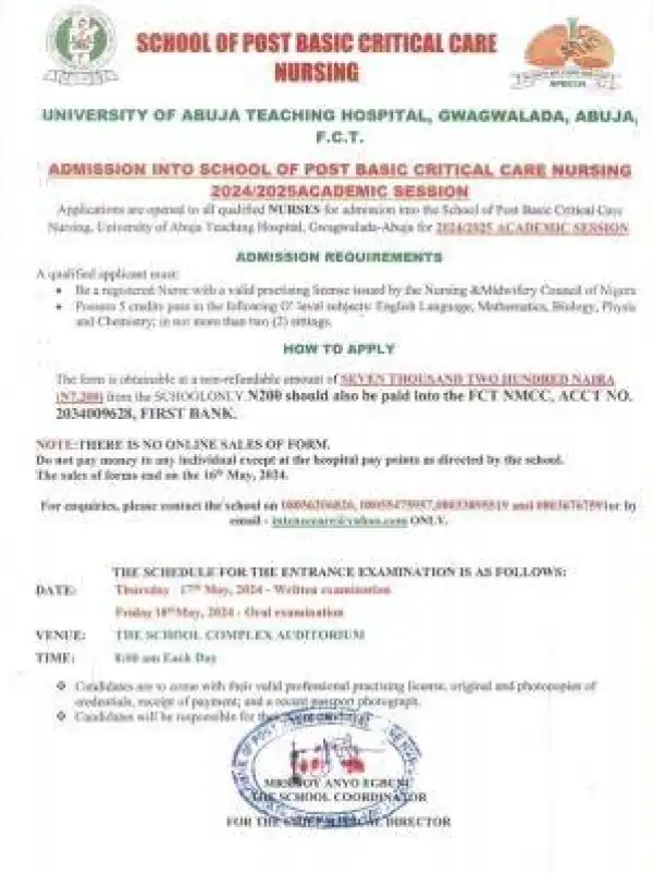 UNIABUJA Teaching Hosp. admission into School of Post-Basic Critical Care Nursing, 2024/2025