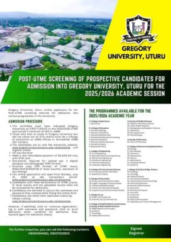 Gregory University Post-UTME 2025: Cut-off mark, Eligibility and Registration Details