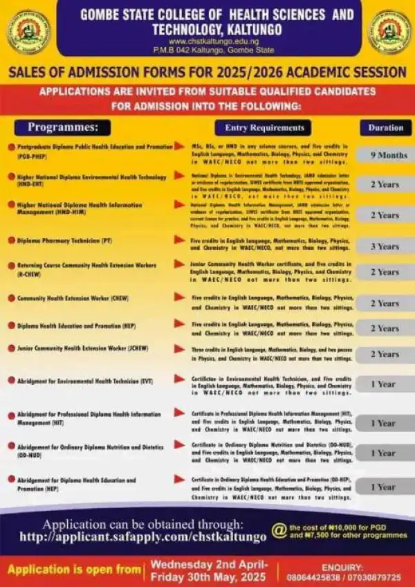 Gombe State College of Health Sciences Technology, Kaltungo admission forms, 2025/2026