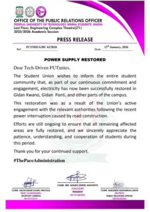 FUTMINNA SUG notice to students on restoration of power supply within the campus