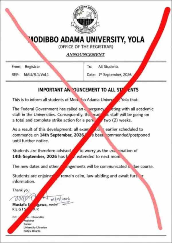 Modibobo Adama University disclaimer notice on postponement of examination
