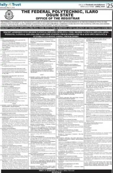 Federal Poly Ilaro Post-UTME 2026: Cut-off mark, Eligibility and Registration Details
