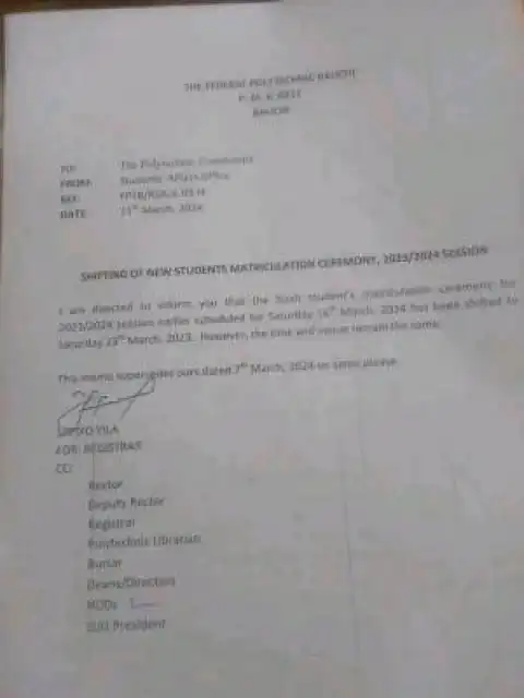 Fed Poly Bauchi postpones new students matriculation ceremony, 2023/2024