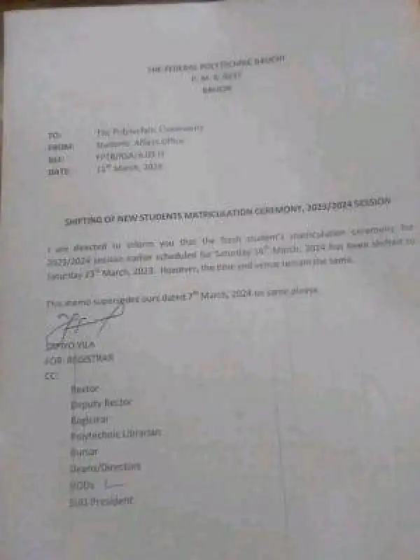 Fed Poly Bauchi postpones new students matriculation ceremony, 2023/2024