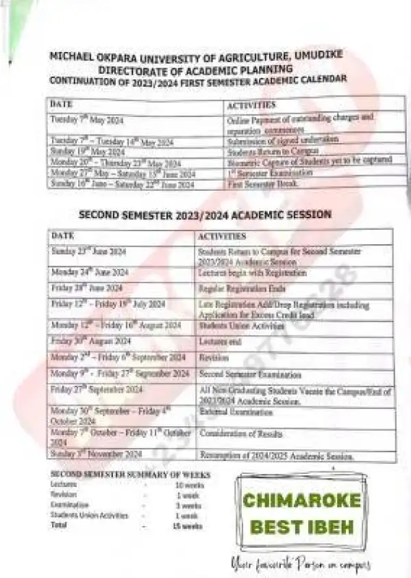 MOUAU releases calendar for continuation of 2023/2024 academic session