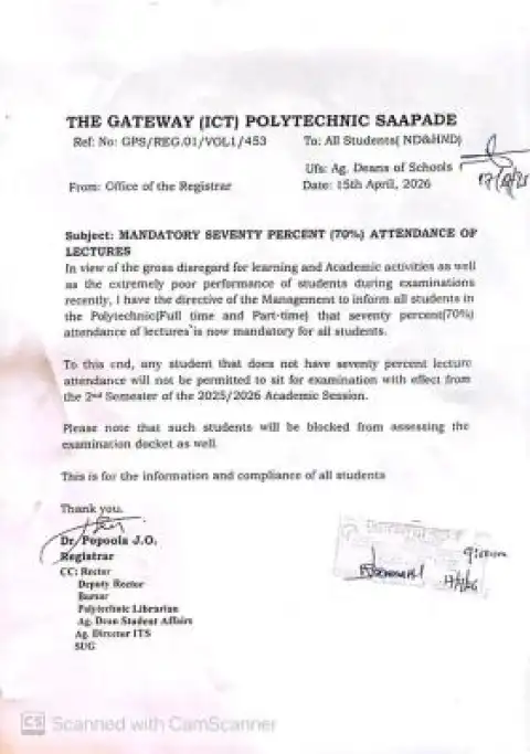 Gateway ICT Polytechnic, Saapade reiterates mandatory 70% attendance of lectures