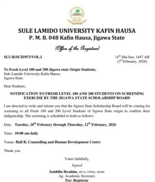 SLU notice to students on Jigawa State Scholarship Board screening exercise