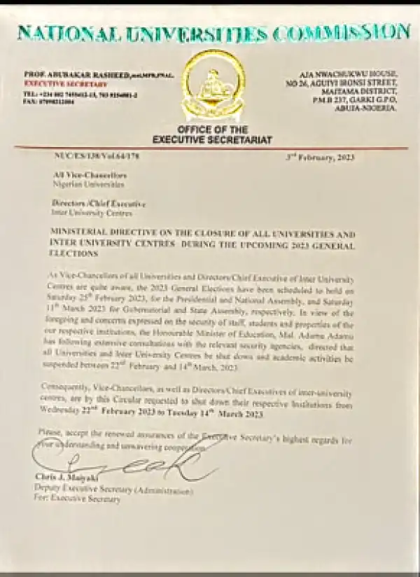 2023 General Elections: NUC directs closure of all universities from February 22nd
