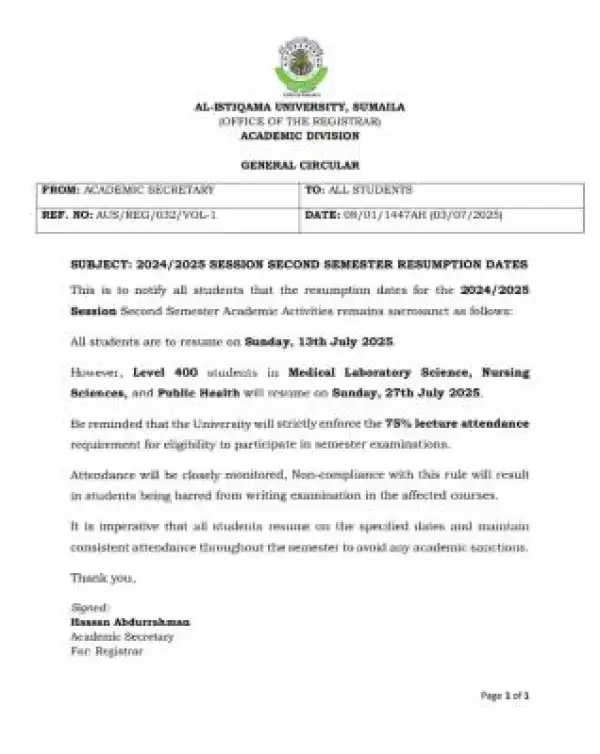 Al-Istiqama University issues notice on commencement of 2nd semester, 2024/2025