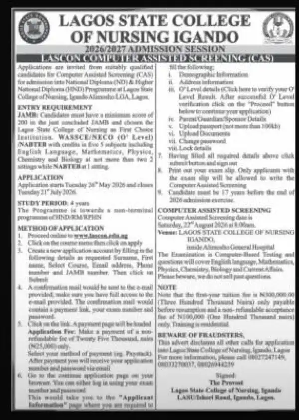 LASCON ND/HND admission form for 2026/2027 session