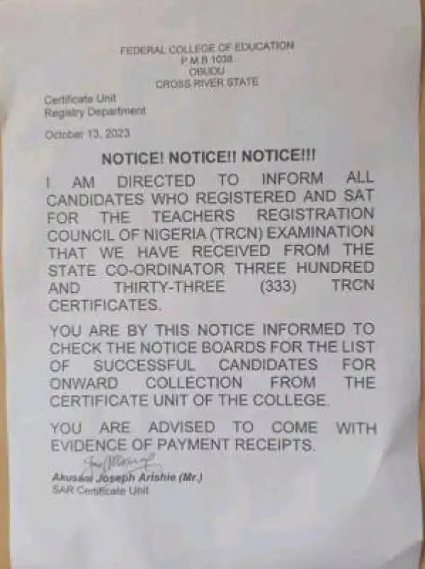Federal College of Education Obudu notice to candidates that sat for TRCN Examination