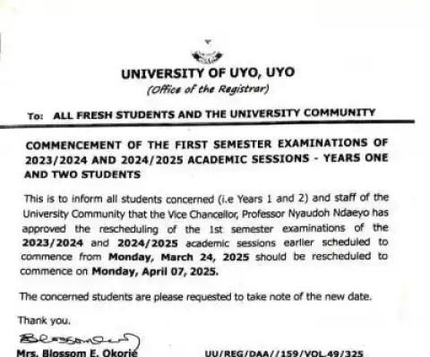 UNIUYO notice on commencement of 1st semester examinations, 2023/2024, 2024/2025