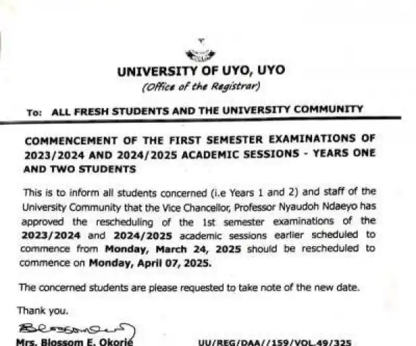 UNIUYO notice on commencement of 1st semester examinations, 2023/2024, 2024/2025