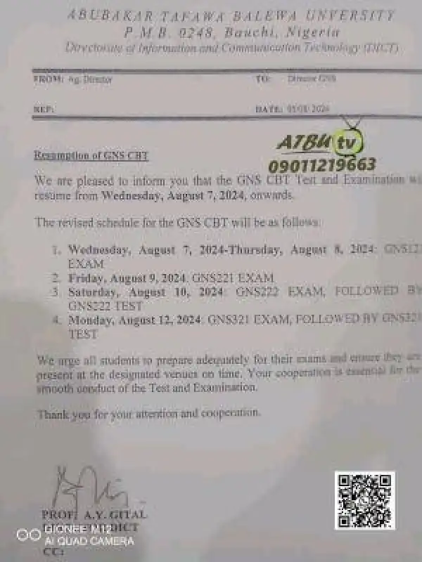 ATBU notice on resumption of GNS CBT and examination