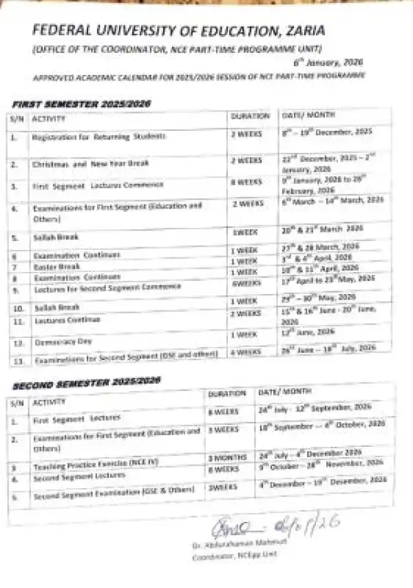 FUE, Zaria approved academic calendar for NCE Part-time programme, 2025/2026