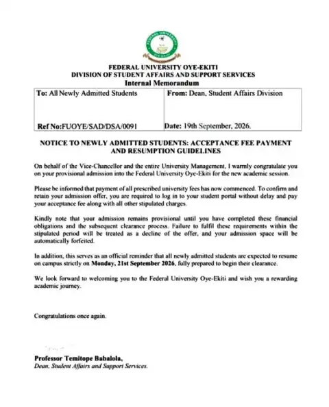 FUOYE announces commencement of acceptance fee payment and resumption guidelines for freshers