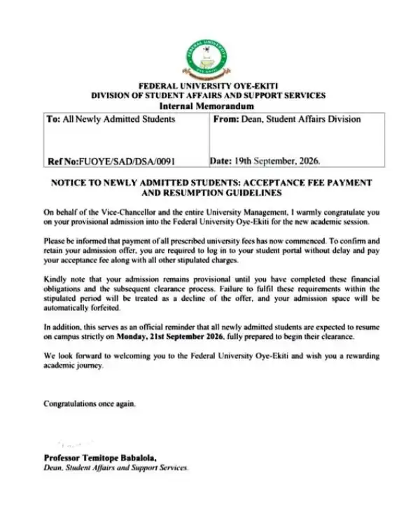 FUOYE announces commencement of acceptance fee payment and resumption guidelines for freshers