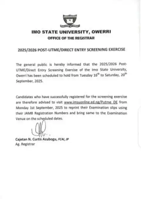 IMSU releases Post-UTME screening schedule, 2025/2026