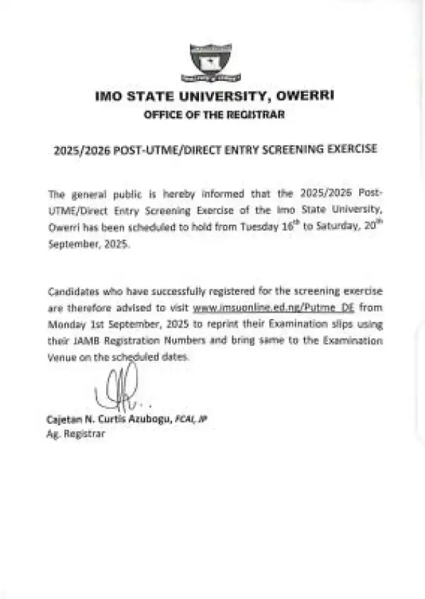 IMSU releases Post-UTME screening schedule, 2025/2026