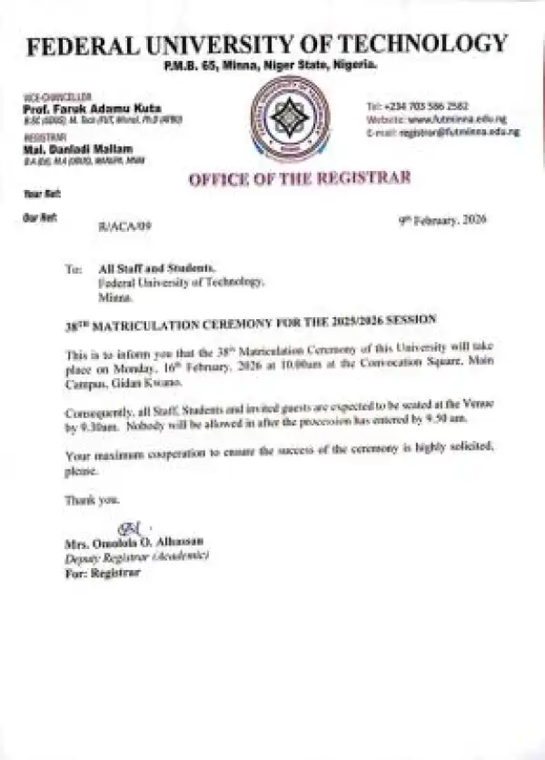 FUTMINNA announces 38th Matriculation Ceremony