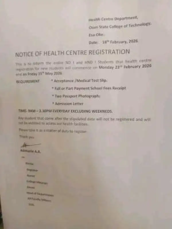 OSCOTECH notice on Health Centre registration for new students