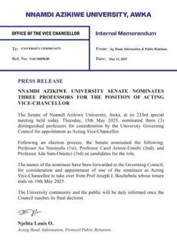 UNIZIK Senate nominates 3 Professors for the position of Acting Vice-Chancellor