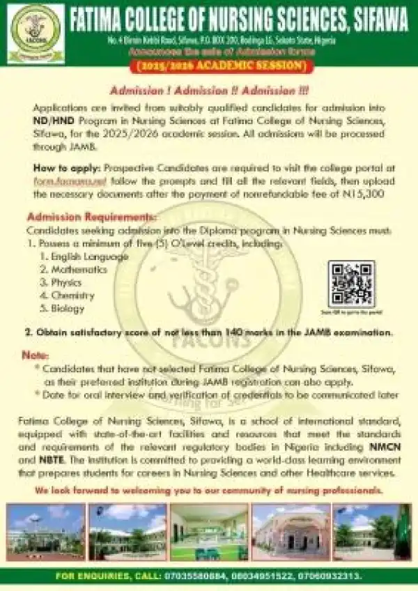 Fatima College of Nursing Sciences, Sifawa ND/HND Admission form, 2025/2026