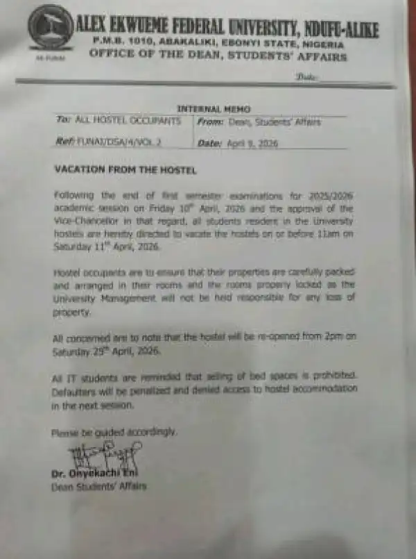 AE-FUNAI directs students to vacate hostels
