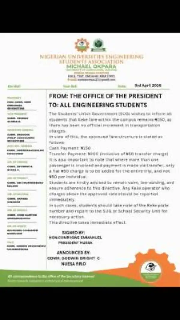 MOUAU SUG notice on tricycle T-fare within campus